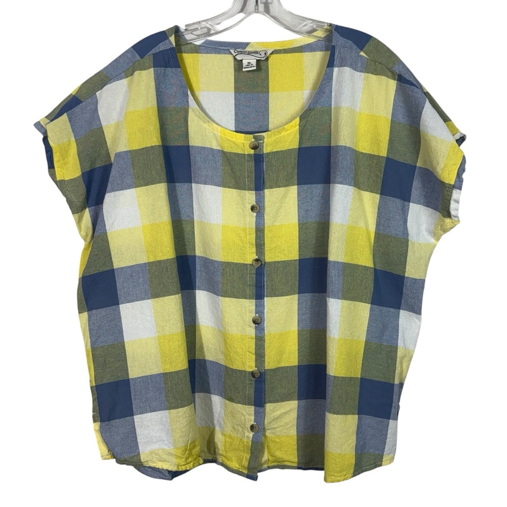 Canyon Guide Yellow Blue Plaid Button Front 100% Cotton Dolman Sleeve Top XL